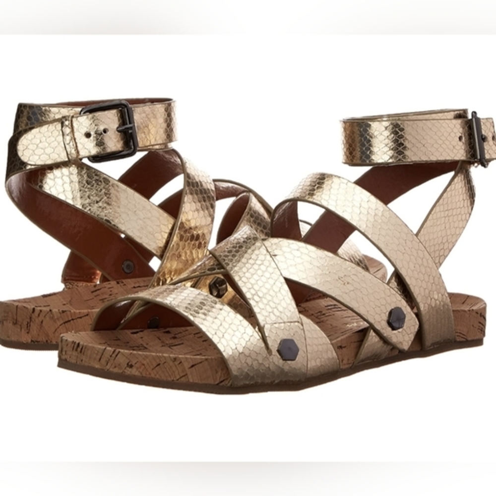 NWOB Rebecca Minkoff Tristen Gladiator Sandals in gold wrap around ankle straps